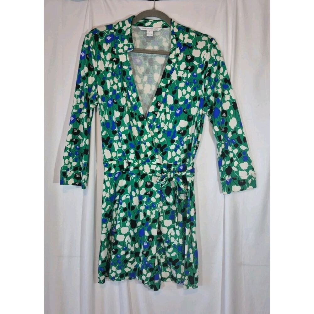 Diane Von Furstenberg Silk Green Blue Floral Celeste Jersey Romper US 8